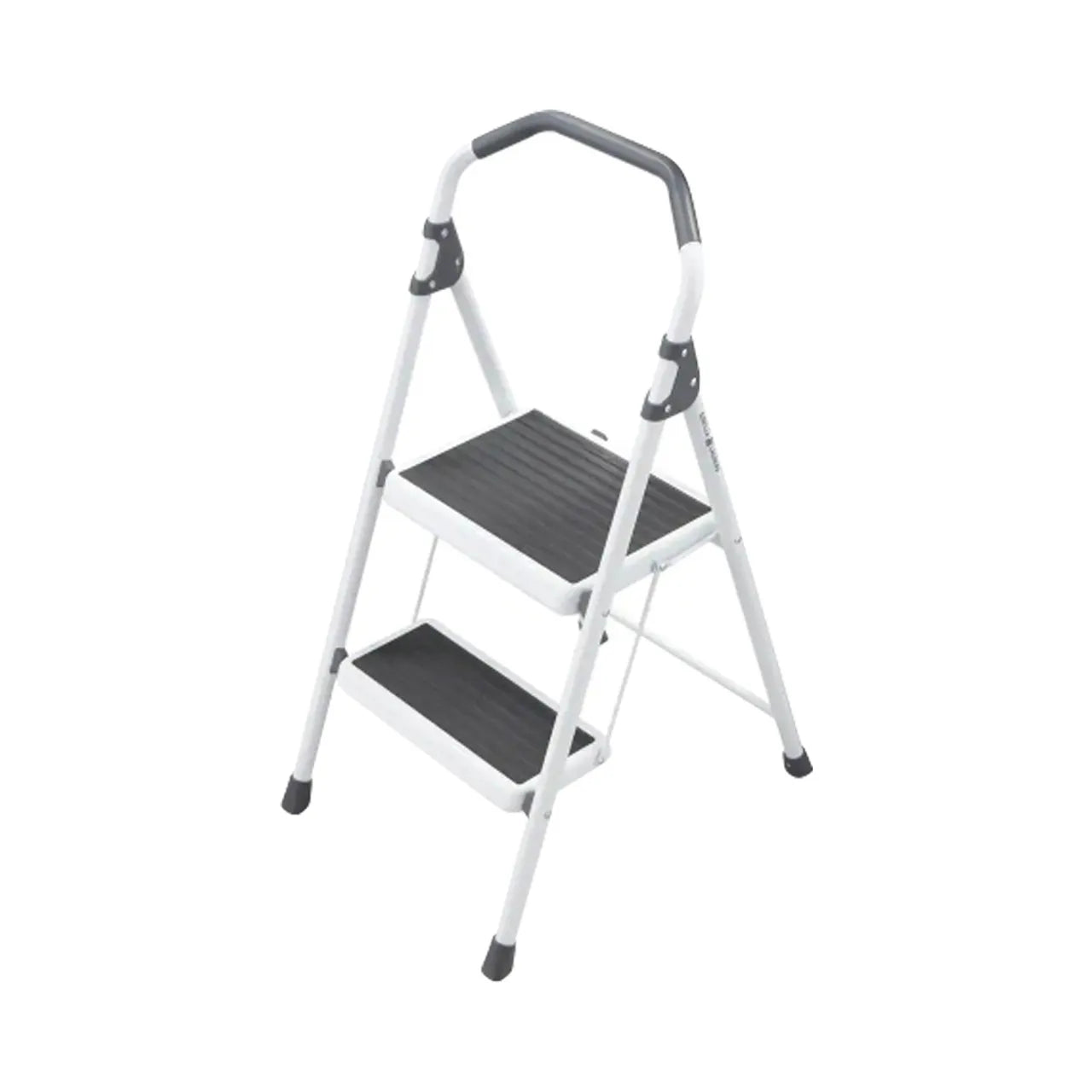 The Go Build 2-Step Steel Lightweight Step Stool Ladder, Type II Duty Rating with 225 lbs. load capacity, features black anti-slip treads and a curved handle, shown on a white background.